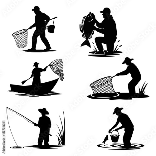 Silhouettes of fishermen catching fish in various