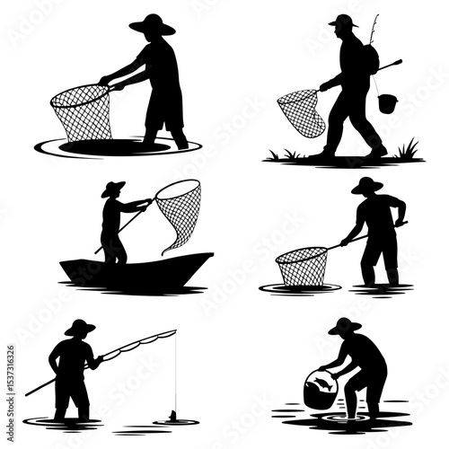 Silhouettes of fishermen with nets and fishing rod