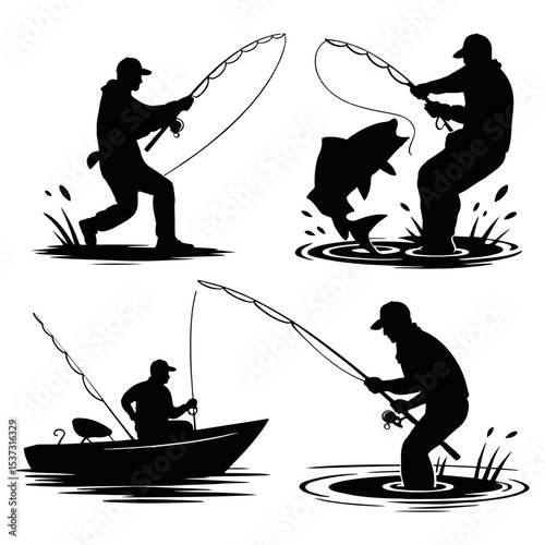 Silhouettes of fishermen in various fishing scenes