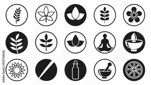 Black and white vector icons representing natural medicine alternative therapy and wellness elements.