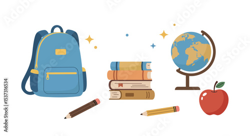 School supplies and education theme with backpack, books, and globe vector illustration