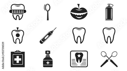 Collection of black and white dental and oral health icons and illustrations