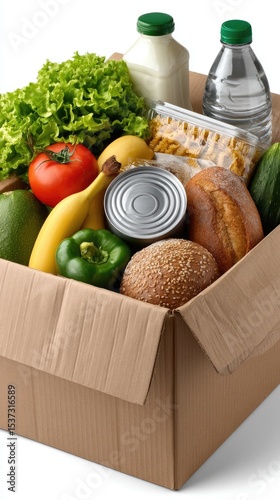 Cardboard box contains diverse food and drink items offering convenience for home deliveries, isolated on a white backdrop