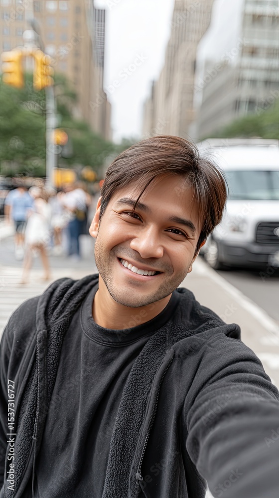 Fototapeta premium Asian man smiles at the camera while taking a selfie in City, capturing the lively atmosphere on a sunny day