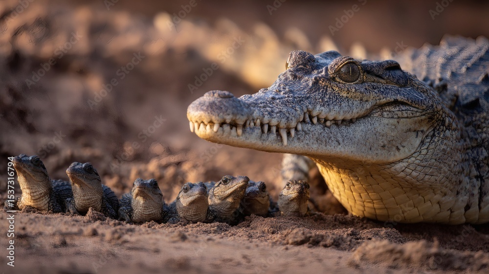 Obraz premium An adult crocodile rests on a sandy bank, surrounded by its newborn babies. The scene captures the protective nature and new life.