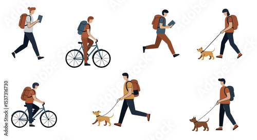 Active lifestyle illustrations featuring cycling, running, walking with dogs, and using gadgets vector illustration