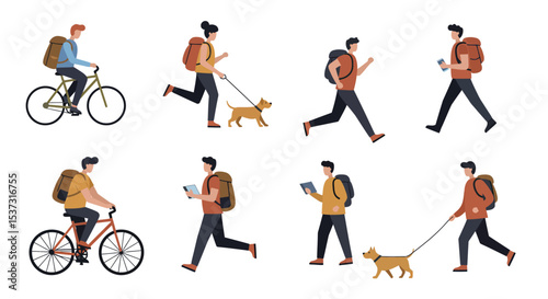 People engaging in outdoor activities with backpacks and devices vector illustration
