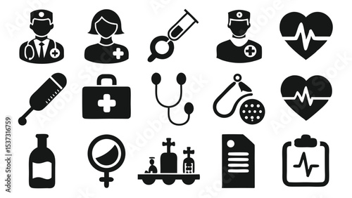 Collection of black and white medical icons representing healthcare and health services