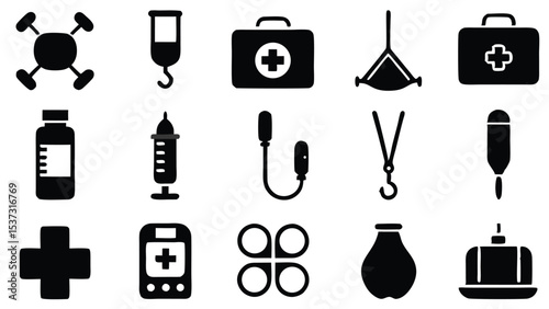 Collection of black and white medical icons illustrating various healthcare equipment and supplies