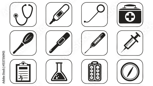 Collection of black and white medical icons representing various healthcare instruments