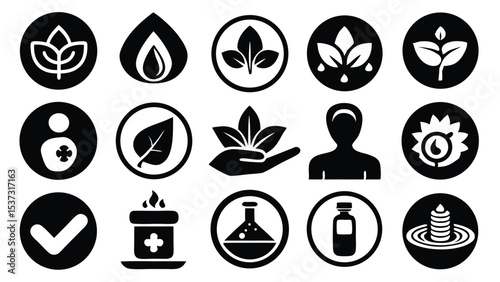 Collection of black and white wellness icons representing health spa and natural remedies