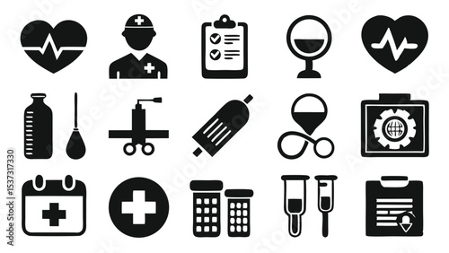 Collection of black medical icons depicting healthcare, medicine, and various medical symbols for design