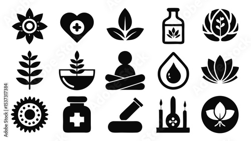 Collection of black vector icons representing health wellness and natural medicine elements