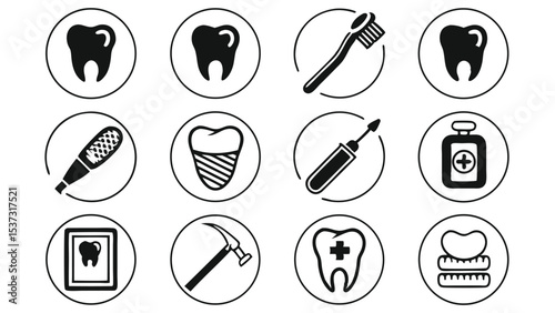 Collection of dental icons representing teeth oral hygiene tools and dentist procedures