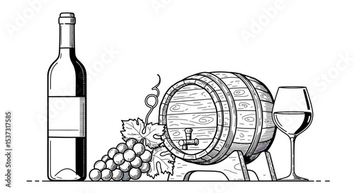 Wine tasting concept featuring bottle, barrel, grapes, and glass for vineyard theme design vector illustration