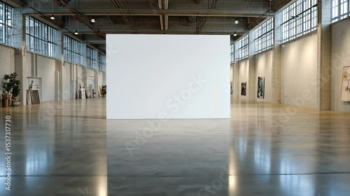 Open gallery interior with concrete floor and blank canvas ideal space for art exhibition