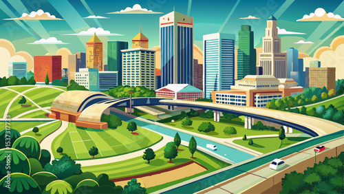 Skyscraper view of downtown Columbus Ohio with green part and driving bridge aerial Very beautiful
