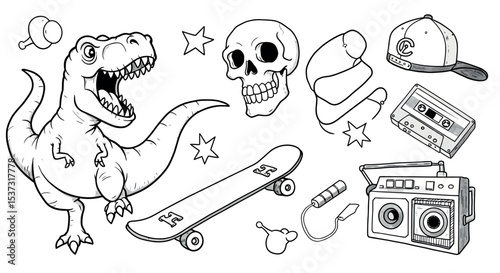 Retro elements collection featuring dinosaur, skull, and skateboard for nostalgic designs vector illustration