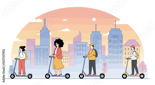 Urban commuters on scooters amidst cityscape sunrise scenery vector illustration