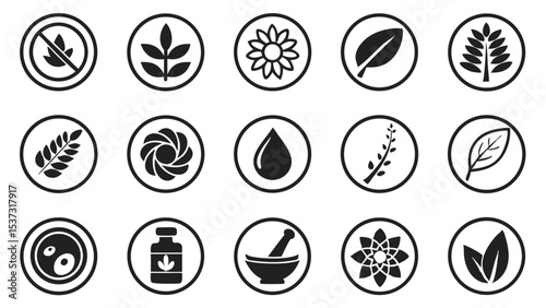 Collection of natural and organic symbols and icons representing health and wellness