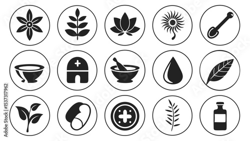 Collection of monochrome herbal medicine and botanical icons within circular frames with simple designs