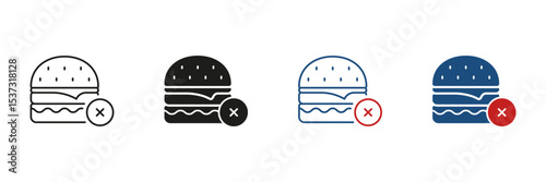 No Junk Food Line and Solid Icon Set. Burger with Prohibition Symbol Collection. Unhealthy Food Restriction. Isolated Vector Illustration