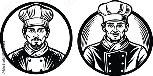 A retro vector cartoon illustration of the Virgin Mary with Jesus and Jesus Christ on a cross, resembling a vintage woodcut artwork, isolated graphics for a chef's shield