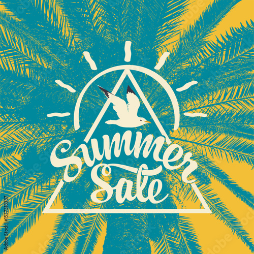Vector banner with palm tree, seagull, summer sale lettering and triangle frame on old paper background. Poster, flyer, travel brochure, invitation or postcard in vintage style, t-shirt design. No AI