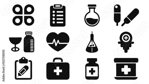 Collection of vector icons representing healthcare medical clinic and pharmaceutical supplies
