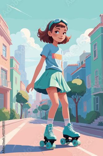 Girl rollerblading on the street, wearing a stylish outfit, cheerful and active lifestyle