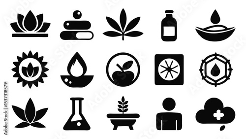 Collection of vector icons representing wellness spa treatments and herbal remedies for holistic health
