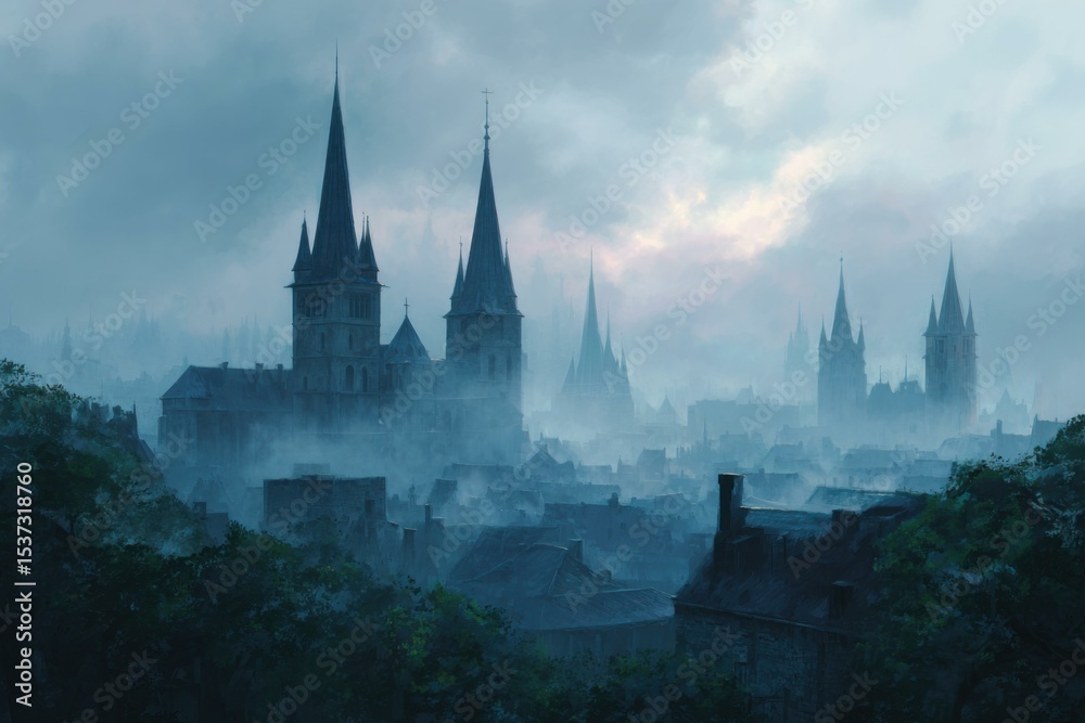 Fototapeta premium A misty cityscape with ancient architecture