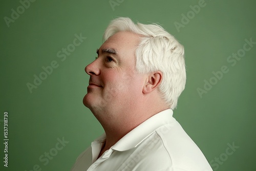 A gentle smile lighting up a maleâ€™s face. Green solid background. Classy men's textured crop haircut - midlife white man with white hair. Conceptual art of style for aging men.