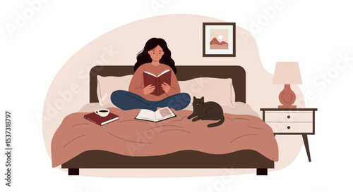 Cozy morning at home with a book, coffee, and sleeping cat vector illustration
