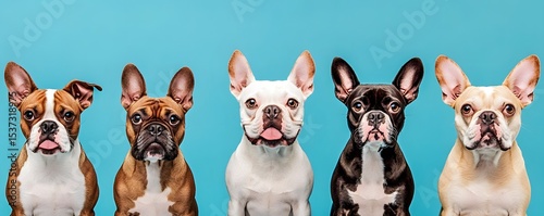 A vibrant group of French Bulldog puppies posing against a bright blue background