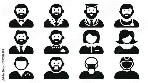 Diverse icon set depicting various professions and characters in simple black and white style