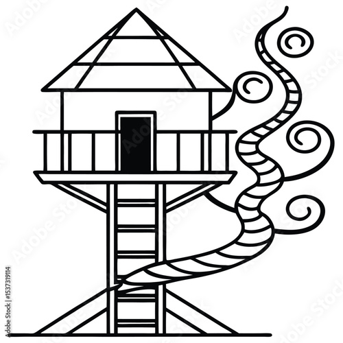 Whimsical treehouse with spiral slide illustration