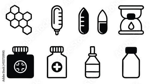 Essential medical icons depicting healthcare, treatment, and pharmacy symbols in clean black outline