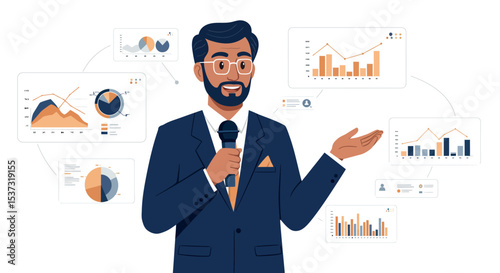 Business presentation and data analysis with professional speaker and infographics vector illustration
