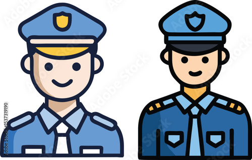 Funny cartoon policeman with badge and hat provides professional security and protection