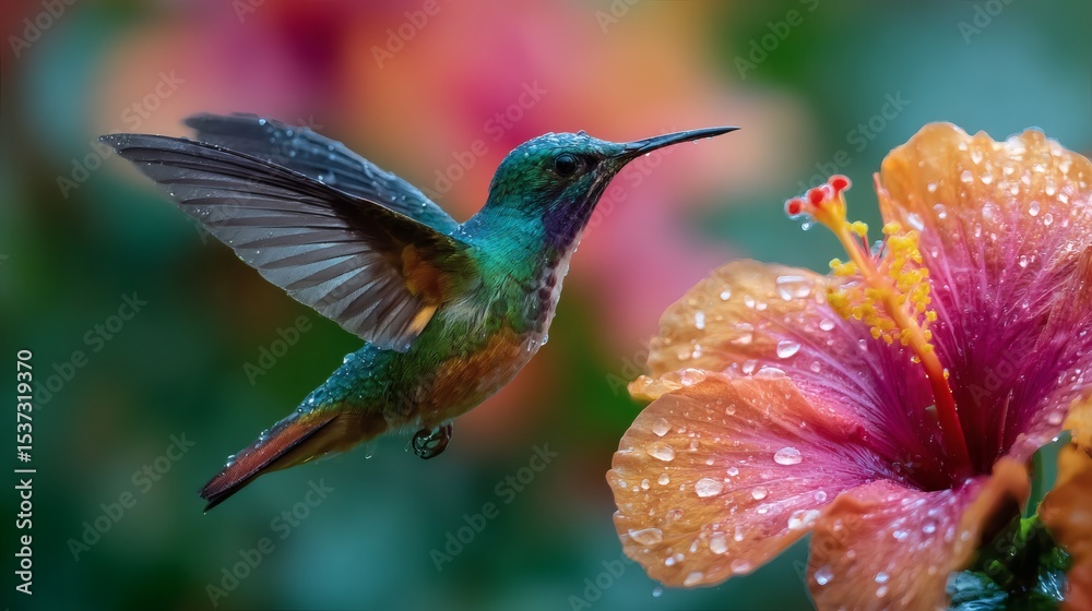 Fototapeta premium Hummingbird hovers near an orange and pink hibiscus, drops of water clinging to its iridescent feathers and the flower petals.