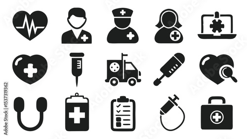 Medical and healthcare icons depicting physicians and equipment for hospitals and clinics