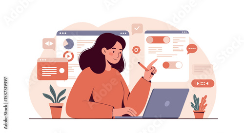 Woman working on laptop with digital interface for project management and communication vector illustration