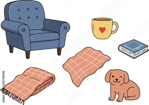 Cartoon indoor comfort icon set with armchair, blanket, book, and pet