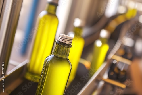 Olive oil bottles on a conveyor belt