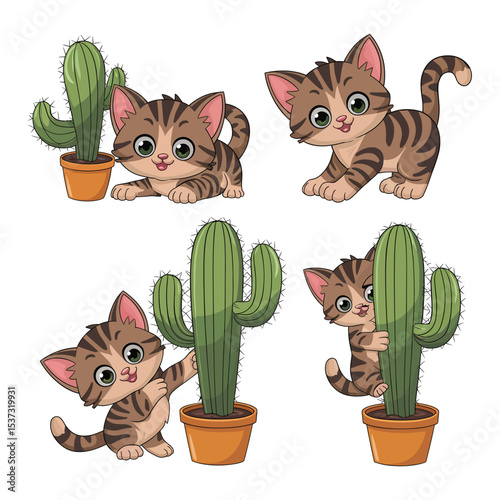 Adorable Cartoon Kittens and Cactus A Cute Collection of Illustrations
