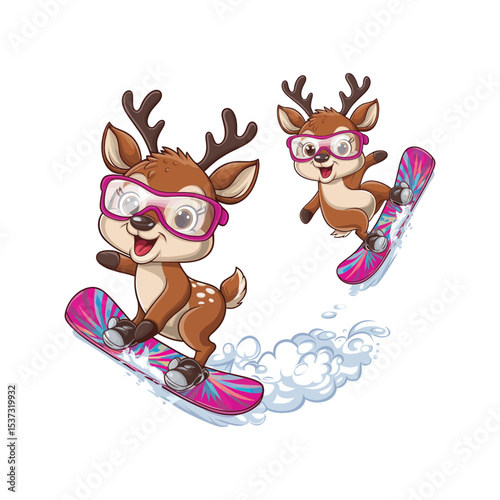 Adorable Cartoon Deer Snowboarding Winter Fun Illustration