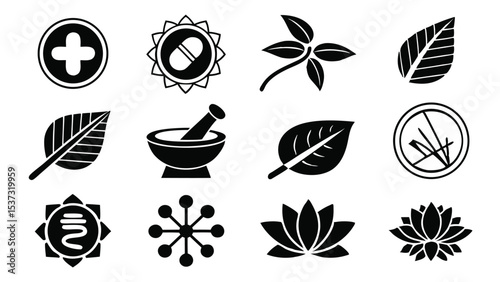 Set of vector black icons depicting herbal medicine and healthcare symbols for design