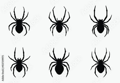 black spider silhouette set, halloween decoration, creepy insect vector, Silhouettes of black spider, Halloween decorations, Vector collection of spider 