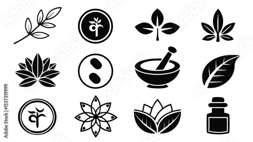 Set of vector black icons representing natural and organic elements and healing symbols